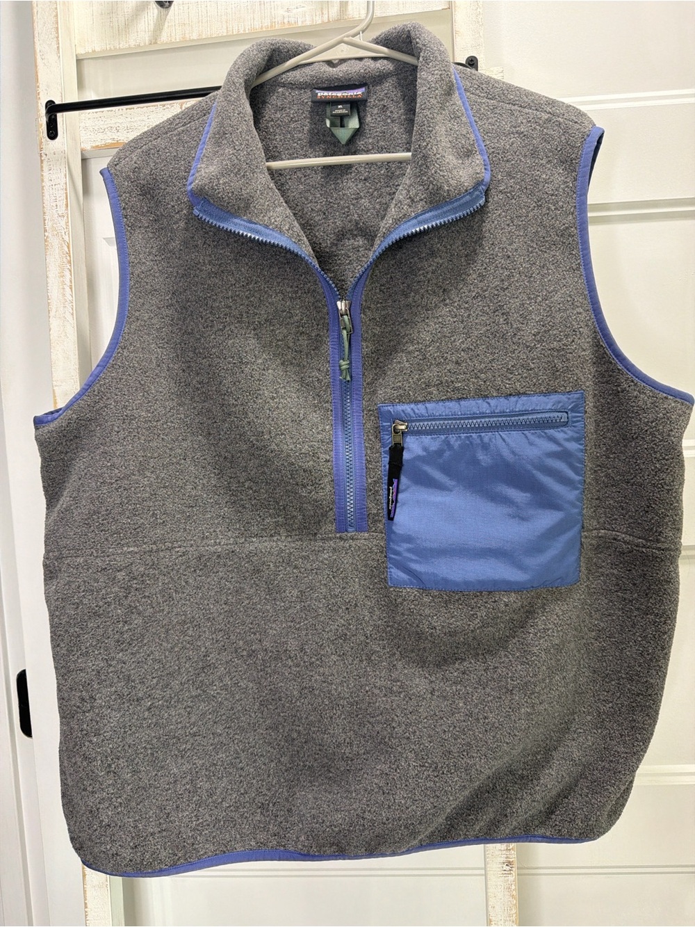 Patagonia Gray Fleece Vest with Blue Trim and Chest Pocket